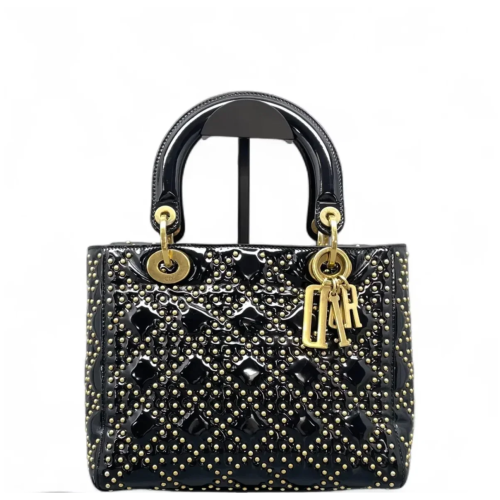 Dior Cannage Studded Medium Lady Dior Patent Calfskin Black