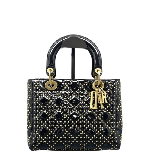 Dior Cannage Studded Medium Lady Dior Patent Calfskin Black
