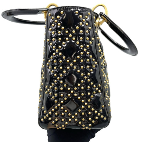 Dior Cannage Studded Medium Lady Dior Patent Calfskin Black