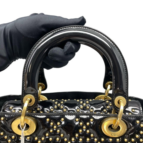 Dior Cannage Studded Medium Lady Dior Patent Calfskin Black