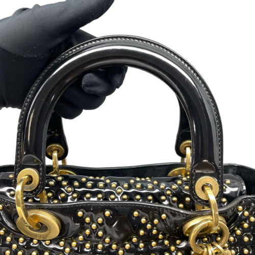Dior Cannage Studded Medium Lady Dior Patent Calfskin Black