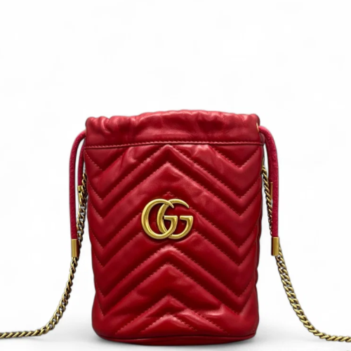 Gucci Chevron Mini GG Marmont Bucket Bag Calfskin Red Gucci Chevron Mini GG Marmont Bucket Bag Calfskin Red