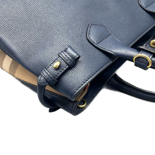 Burberry Medium Banner Tote Grained Calfskin House Check Blue