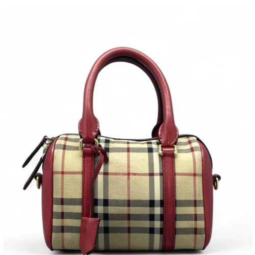 Burberry Small Alchester Bowling Bag Haymarket Check Calfskin Beige Red Black