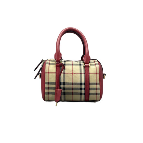 Burberry Small Alchester Bowling Bag Haymarket Check Calfskin Beige Red Black