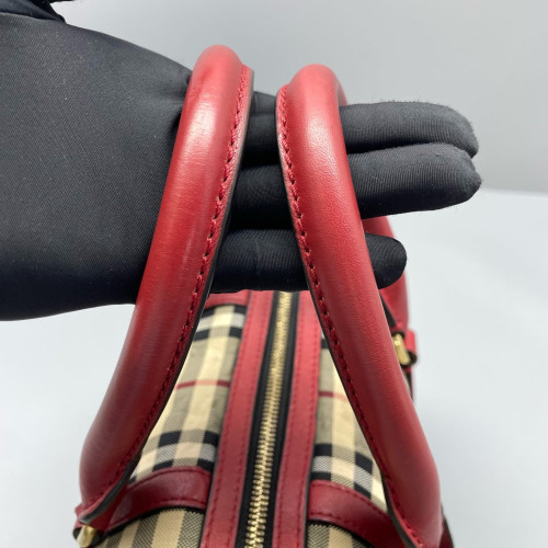 Burberry Small Alchester Bowling Bag Haymarket Check Calfskin Beige Red Black
