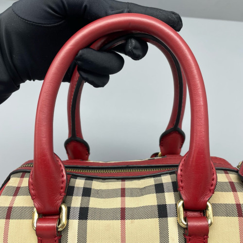 Burberry Small Alchester Bowling Bag Haymarket Check Calfskin Beige Red Black