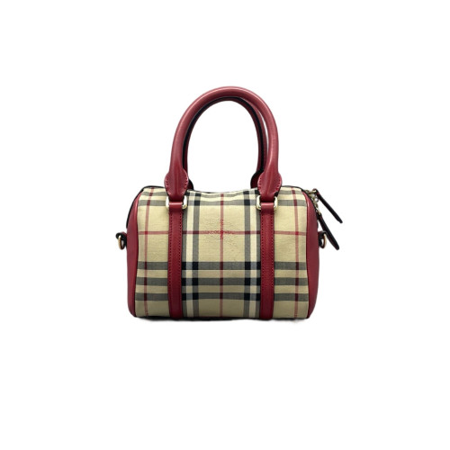 Burberry Small Alchester Bowling Bag Haymarket Check Calfskin Beige Red Black