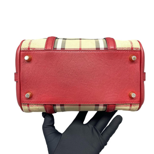 Burberry Small Alchester Bowling Bag Haymarket Check Calfskin Beige Red Black