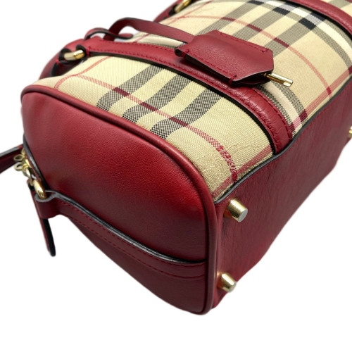 Burberry Small Alchester Bowling Bag Haymarket Check Calfskin Beige Red Black