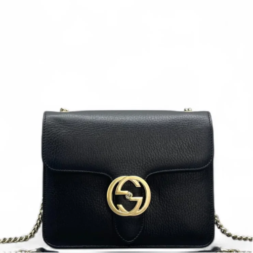 Gucci Small Interlocking G Shoulder Bag Grained Calfskin Black
