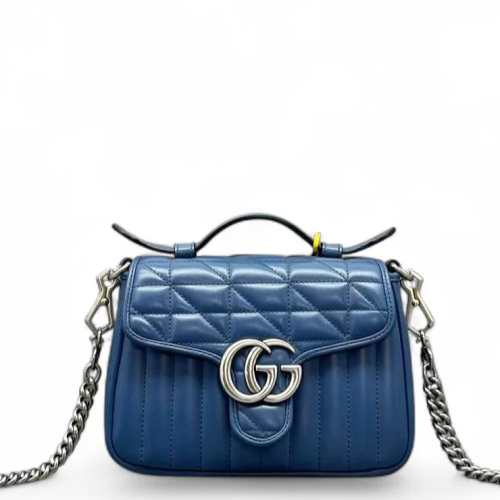 Gucci Mini GG Marmont Top Handle Shoulder Bag Calfskin Blue