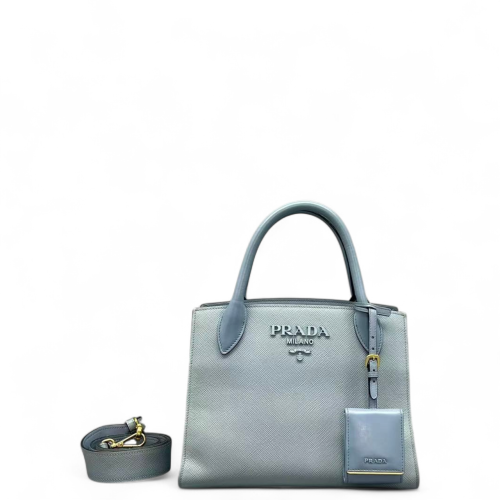 Prada Small Monochrome Tote Saffiano Calfskin Blue