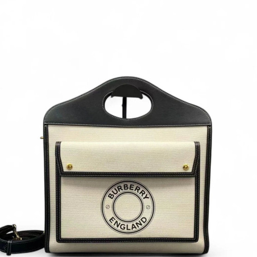 Burberry Medium Two Tone Pocket Bag Canvas Black Beige Burberry Medium Two Tone Pocket Bag Canvas Black Beige