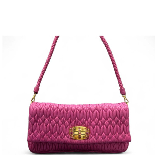 Miu Miu Crystal Matelasse Crystal Flap Clutch Crumpled Lambskin Magenta