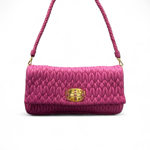 Miu Miu Crystal Matelasse Crystal Flap Clutch Crumpled Lambskin Magenta