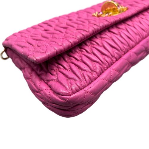 Miu Miu Crystal Matelasse Crystal Flap Clutch Crumpled Lambskin Magenta