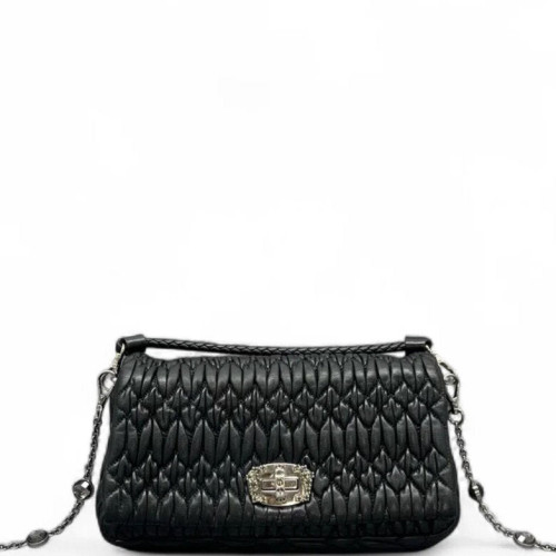 Miu Miu Crystal Embellished Matelasse Crystal Flap Clutch Crumpled Calfskin Black