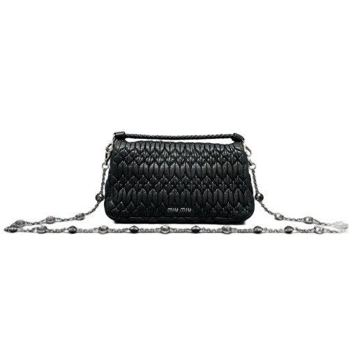 Miu Miu Crystal Embellished Matelasse Crystal Flap Clutch Crumpled Calfskin Black