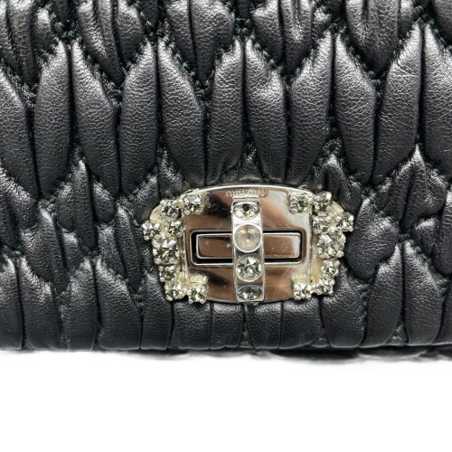Miu Miu Crystal Embellished Matelasse Crystal Flap Clutch Crumpled Calfskin Black