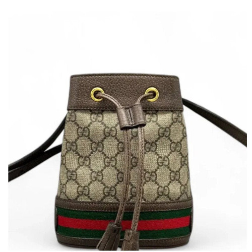 Gucci Web Mini Ophidia Bucket Bag GG Monogram Beige Ebony Brown Red