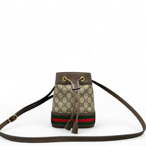 Gucci Web Mini Ophidia Bucket Bag GG Monogram Beige Ebony Brown Red
