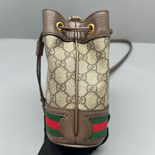 Gucci Web Mini Ophidia Bucket Bag GG Monogram Beige Ebony Brown Red