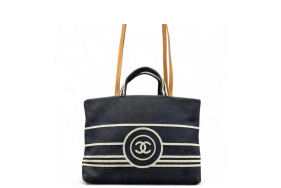 Chanel Tote Bag Striped Canvas Dark Navy Brown