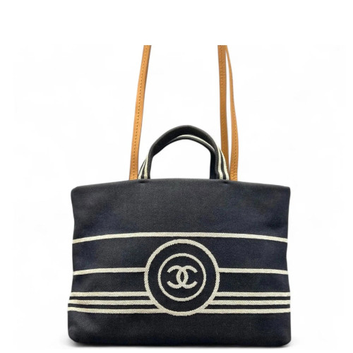 Chanel Tote Bag Striped Canvas Dark Navy Brown