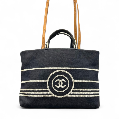 Chanel Tote Bag Striped Canvas Dark Navy Brown