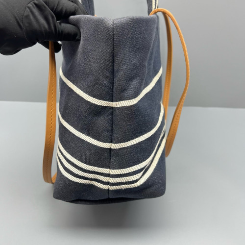 Chanel Tote Bag Striped Canvas Dark Navy Brown