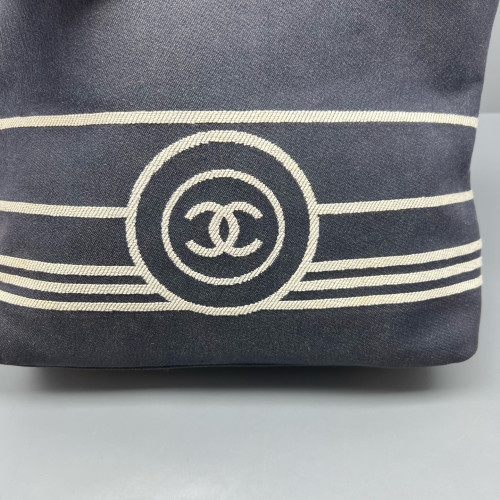 Chanel Tote Bag Striped Canvas Dark Navy Brown