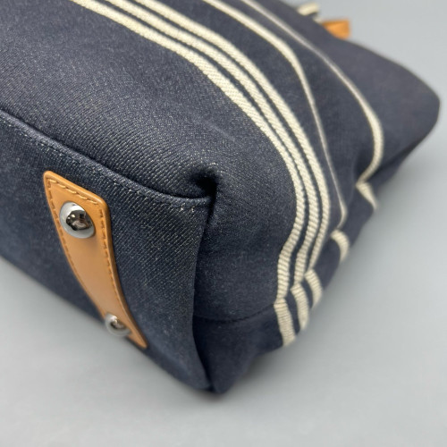 Chanel Tote Bag Striped Canvas Dark Navy Brown