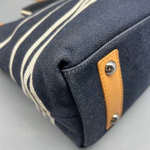 Chanel Tote Bag Striped Canvas Dark Navy Brown