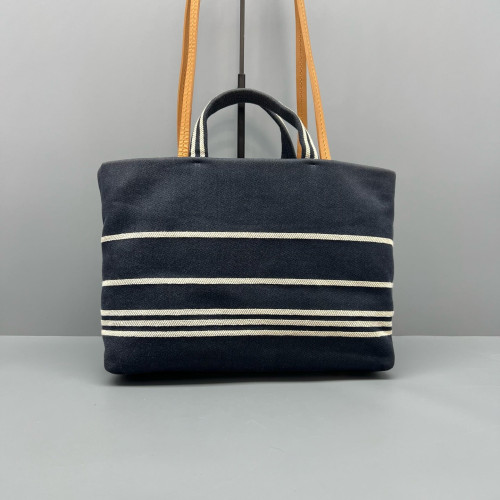 Chanel Tote Bag Striped Canvas Dark Navy Brown