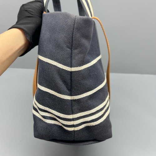 Chanel Tote Bag Striped Canvas Dark Navy Brown