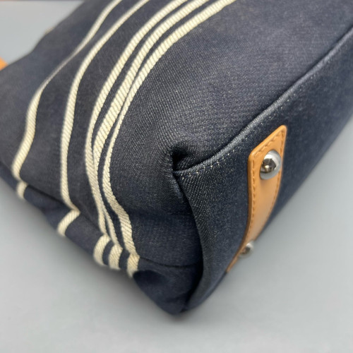 Chanel Tote Bag Striped Canvas Dark Navy Brown