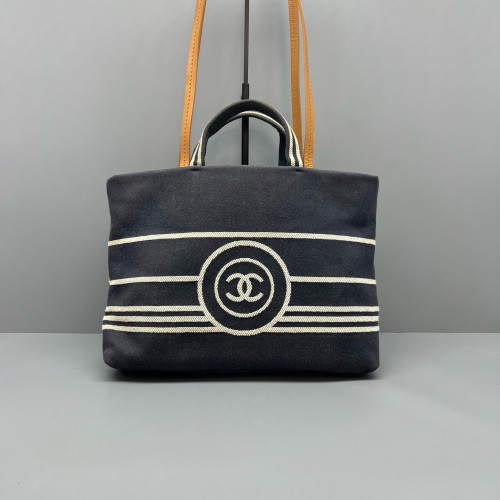 Chanel Tote Bag Striped Canvas Dark Navy Brown