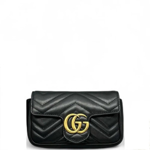 Gucci Chevron Super Mini GG Marmont Chain Wallet Calfskin Black