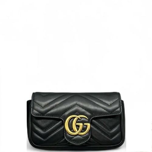 Gucci Chevron Super Mini GG Marmont Chain Wallet Calfskin Black