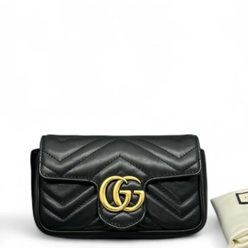 Gucci Chevron Super Mini GG Marmont Chain Wallet Calfskin Black
