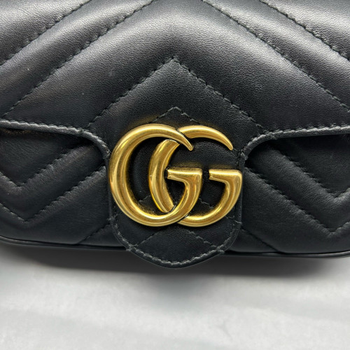 Gucci Chevron Super Mini GG Marmont Chain Wallet Calfskin Black