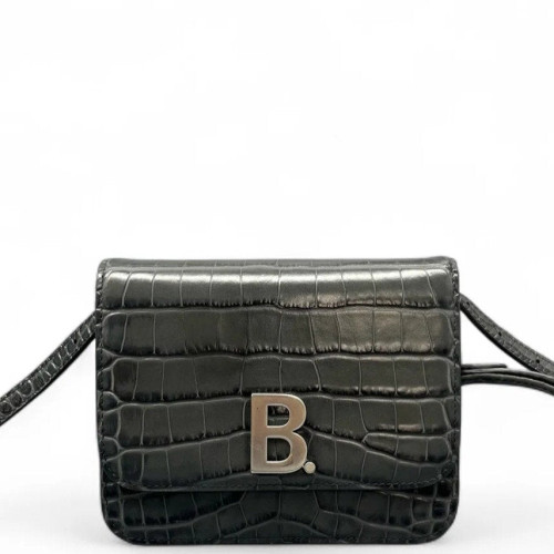 Balenciaga Flap Bag Calfskin Crocodile Embossed Grey