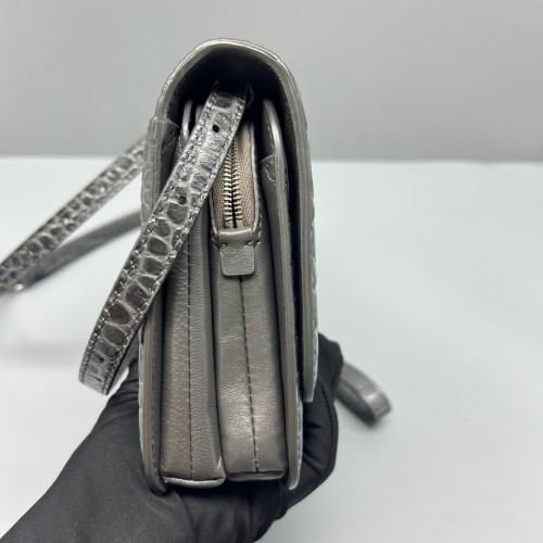 Balenciaga Flap Bag Calfskin Crocodile Embossed Grey