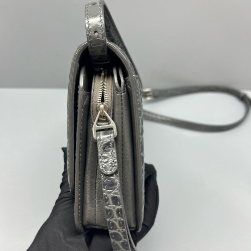 Balenciaga Flap Bag Calfskin Crocodile Embossed Grey