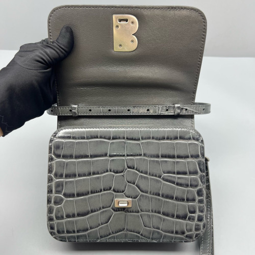 Balenciaga Flap Bag Calfskin Crocodile Embossed Grey
