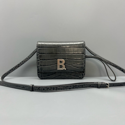 Balenciaga Flap Bag Calfskin Crocodile Embossed Grey