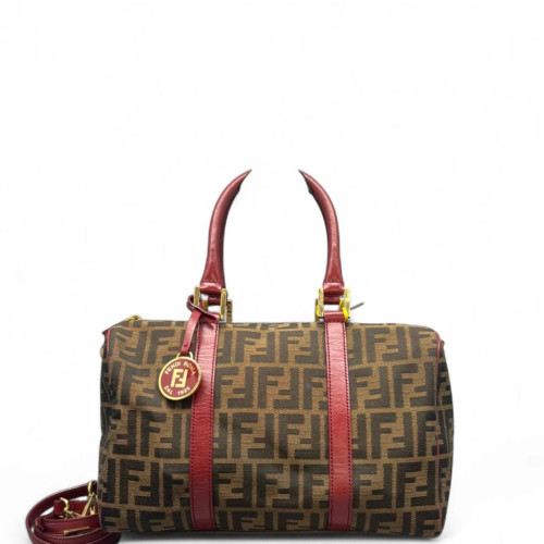 Fendi Boston Bag Canvas Calfskin Brown Red