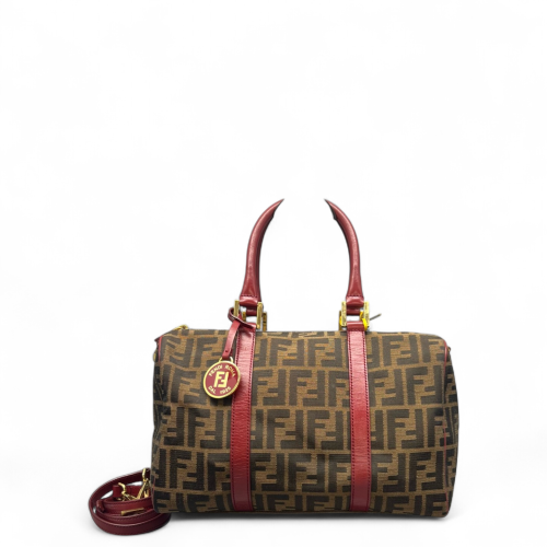 Fendi Boston Bag Canvas Calfskin Brown Red