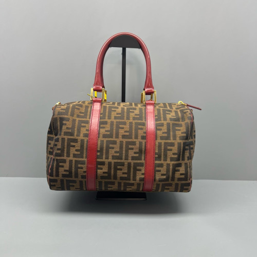 Fendi Boston Bag Canvas Calfskin Brown Red
